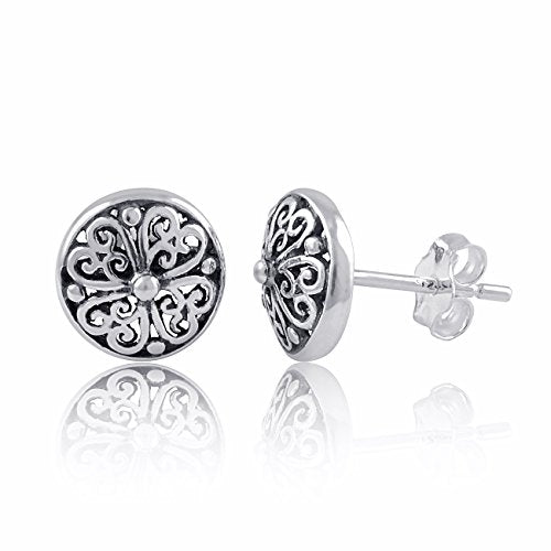 Sterling Silver Girls Round Bali Style Clover Stud Earrings