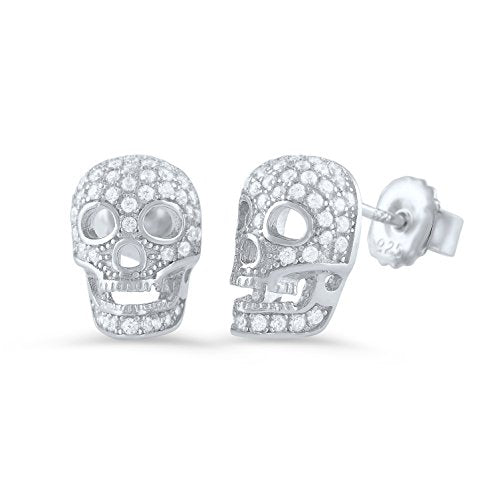 Rhodium Plated Sterling Silver Womens Cz Bling Sugar Skull Womens Stud Earrings - Halloween Gifts for Mom Wife Girlfriend - 11mm