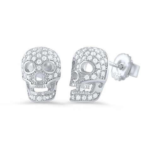 Rhodium Plated Sterling Silver Womens Cz Bling Sugar Skull Womens Stud Earrings - Halloween Gifts for Mom Wife Girlfriend - 11mm