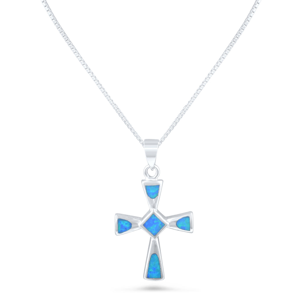 Sterling Silver Created Blue Opal Cross Necklace - 0.9 in/23mm