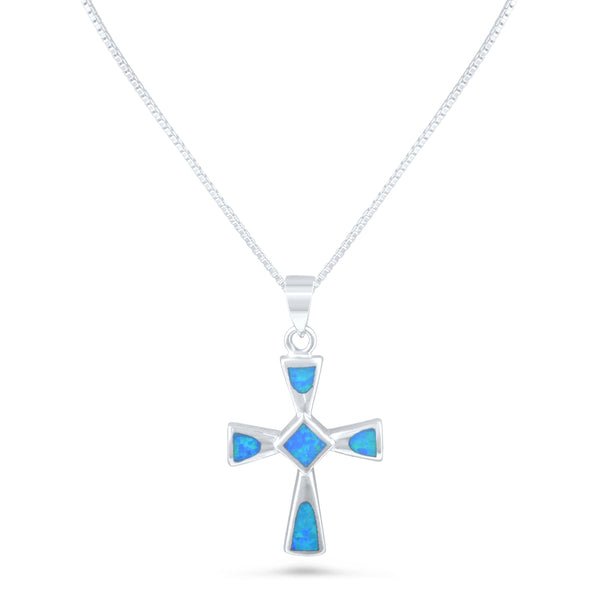 Sterling Silver Created Blue Opal Cross Necklace - 0.9 in/23mm