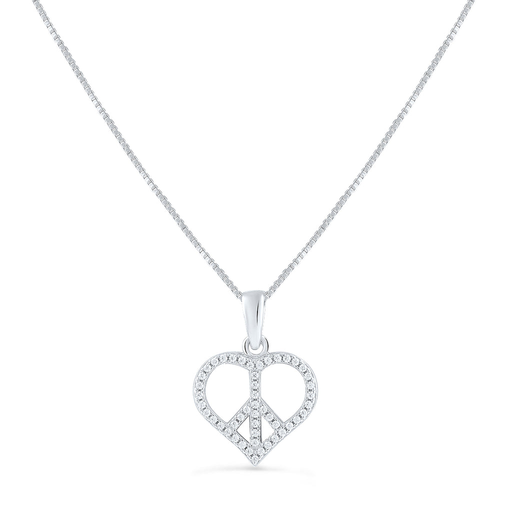 Sterling Silver Cz Peace Sign Heart Necklace 18"