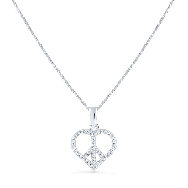 Sterling Silver Cz Peace Sign Heart Necklace 18"