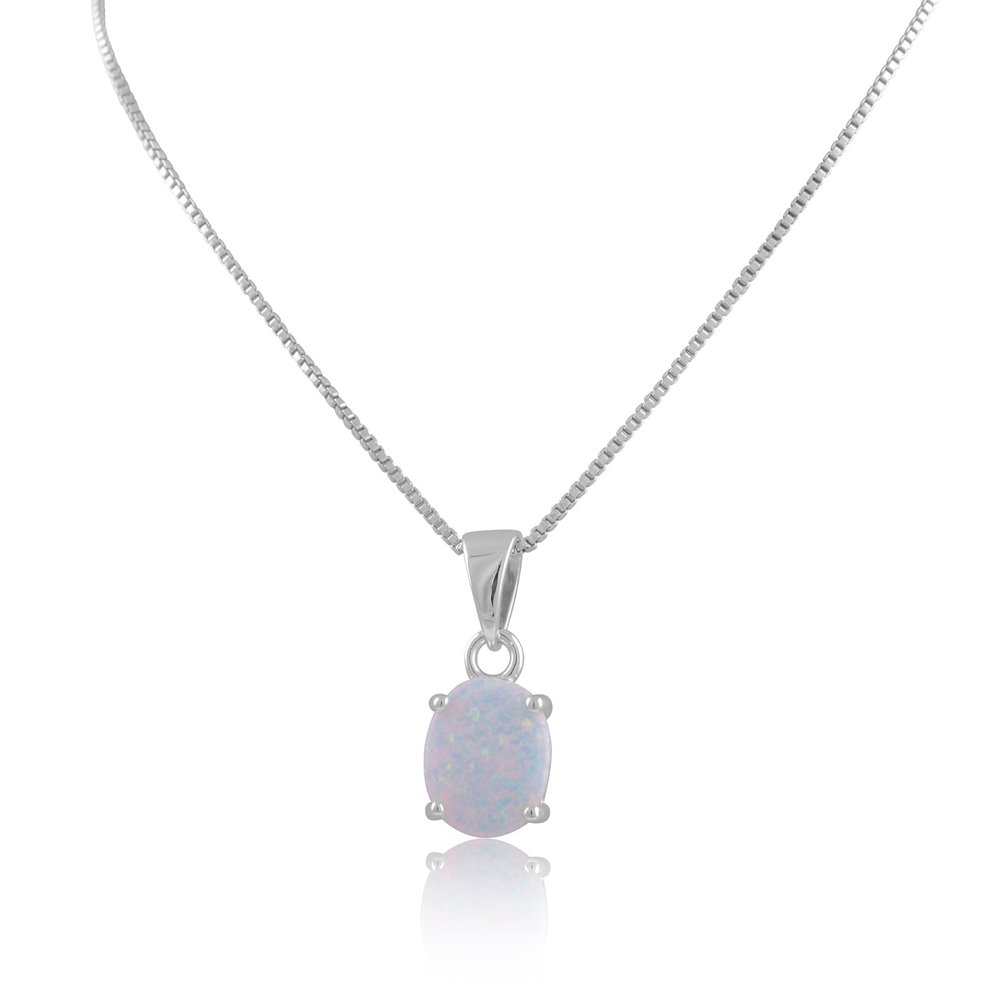 Sterling Silver Small Oval Created White Opal Necklace 18"