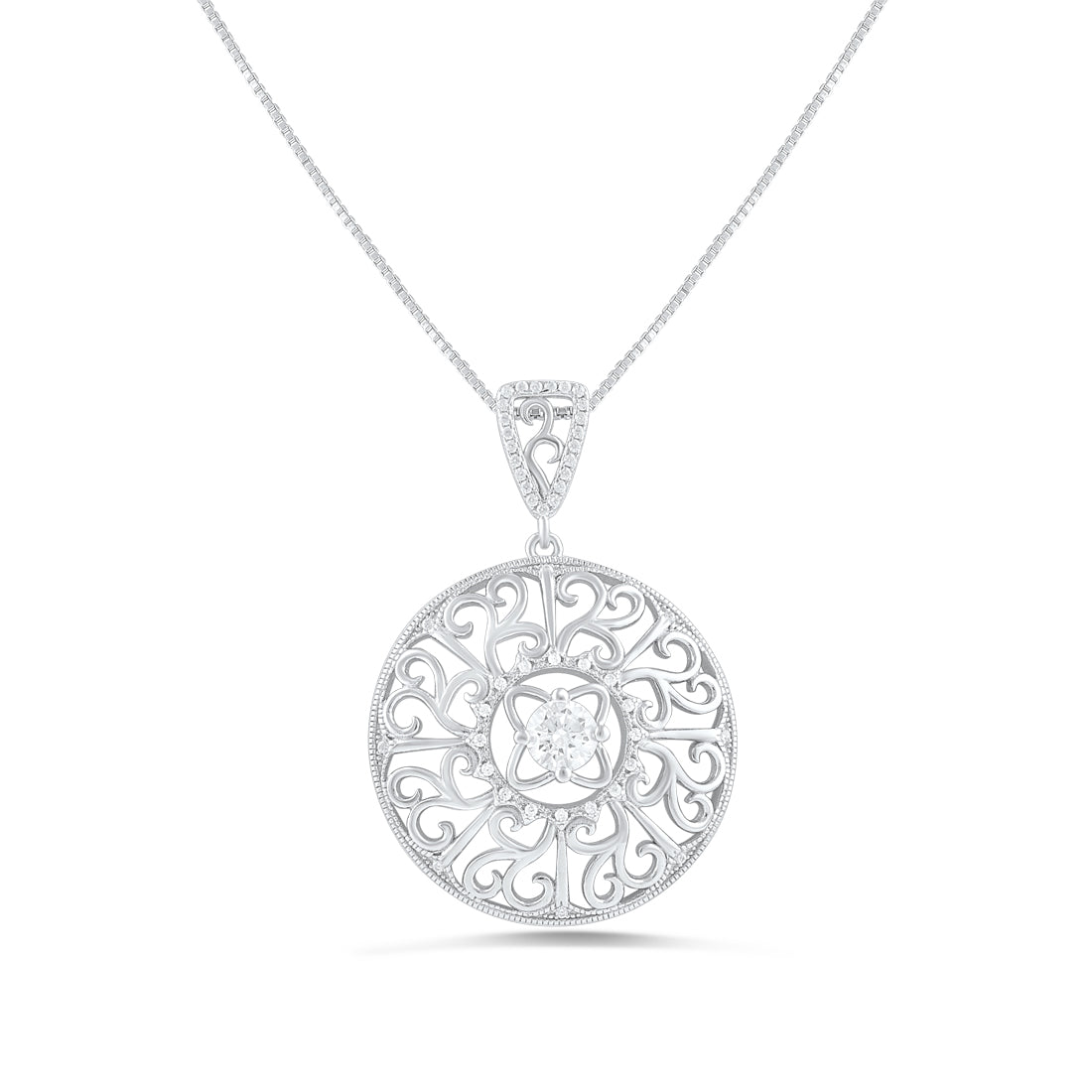 Sterling Silver Cz  Round Filigree Statement Necklace 18"