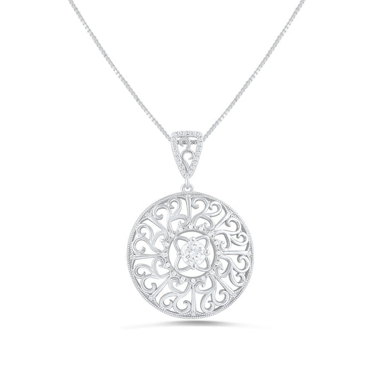 Sterling Silver Cz  Round Filigree Statement Necklace 18"