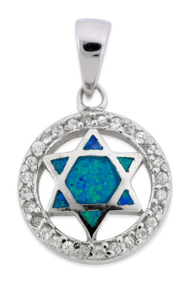 Sterling Silver Blue Created Opal CZ Jewish Star (star of david) Necklace - 14mm