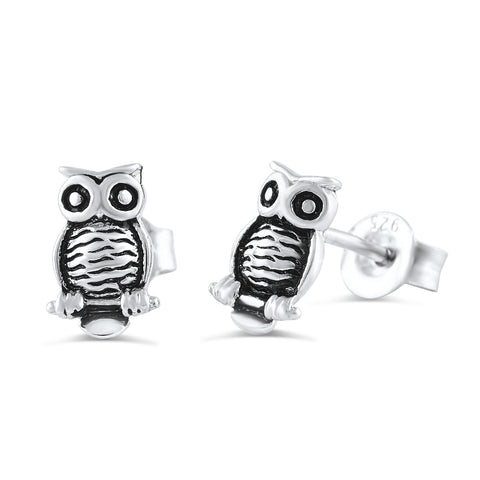 Sterling Silver Owl Stud Earrings - 8mm