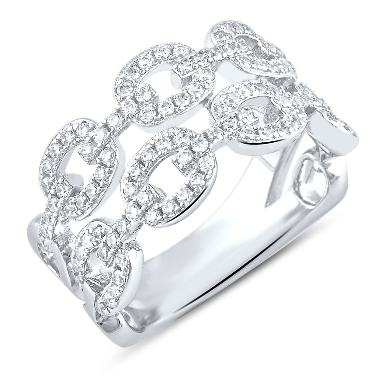White Gold Over Sterling Silver Womens Chunky Simulated Diamond Double Chain Link Ring