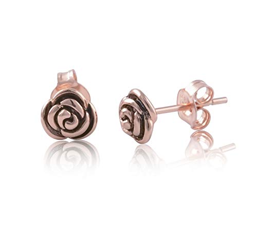 Rose Gold Tone Silver Rose Flower Stud Earrings - 7mm