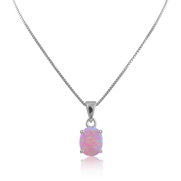 Sterling Silver Small Oval Created Pink Opal Necklace 18"