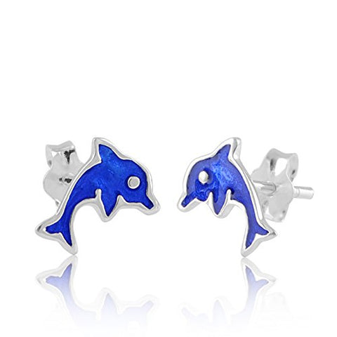 Sterling Silver Blue Dolphin Stud Earrings 9mm