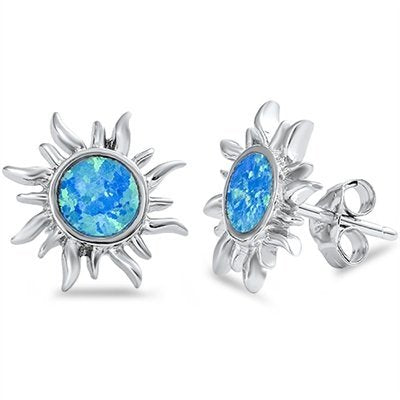 Sterling Silver Blue Created Opal Sun Stud Earrings - 14mm