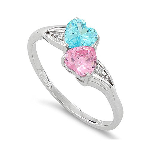 Sterling Silver Blue & Pink Cz Double Heart Ring - SilverCloseOut - 1