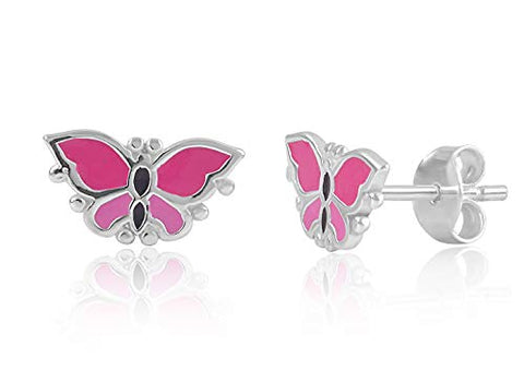 Sterling Silver Womens Pink Enamel Butterfly Stud Earrings