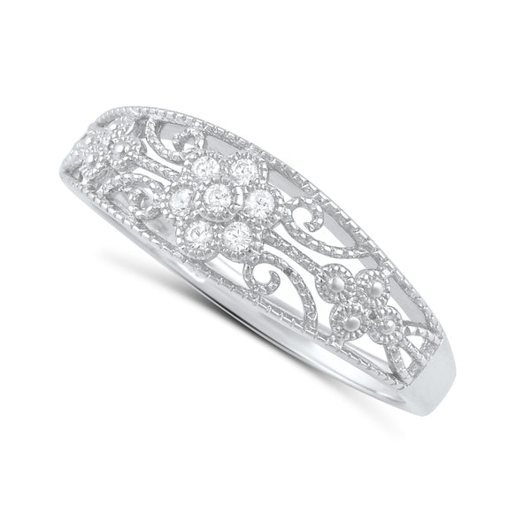 Sterling Silver Cz Thin Filigree Victorian Flower Ring 2mm - (Size 4-11)