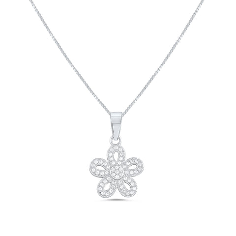 Sterling Silver Cz Daisy Flower Charm Necklace 18"
