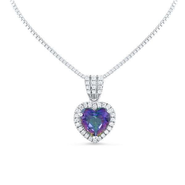 Sterling Silver Simulated Rainbow Topaz Halo Heart Necklace