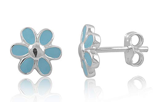 Sterling Silver Girls Dainty Light Blue Daisy Flower Stud Earrings