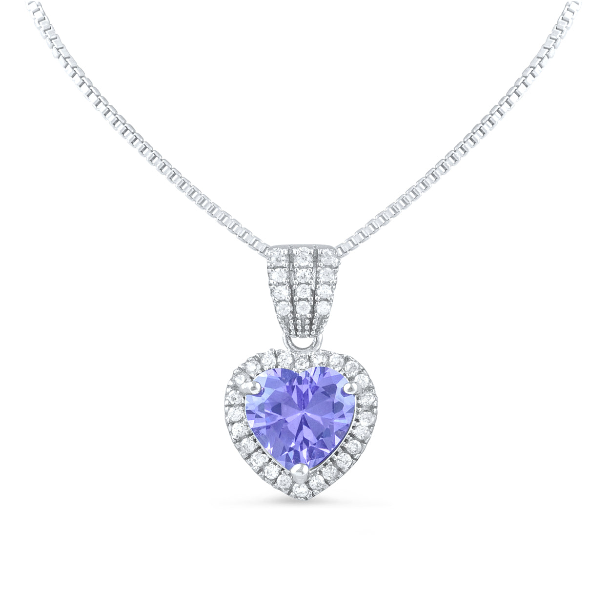 Sterling Silver Purple CZ Halo Heart Necklace