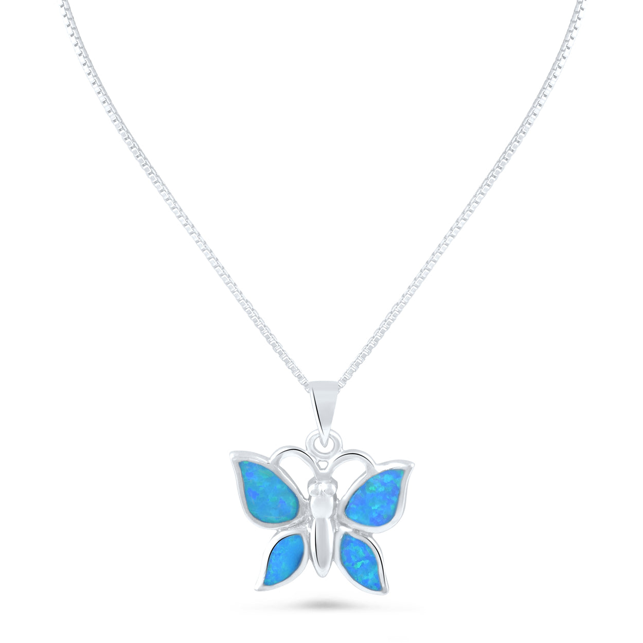 Sterling Silver Created Blue Opal Butterfly Necklace - 18mm