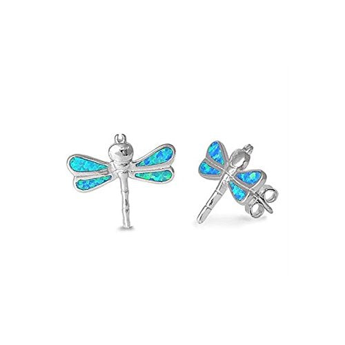 Sterling Silver Girls Blue Created Opal Dragonfly Stud Earrings - 16mm