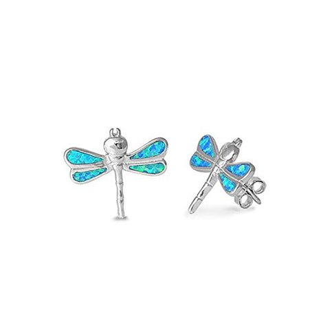 Sterling Silver Blue Created Opal Dragonfly Stud Earrings - 16mm