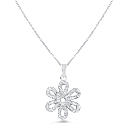 Sterling Silver Cz Daisy Flower Necklace 18"
