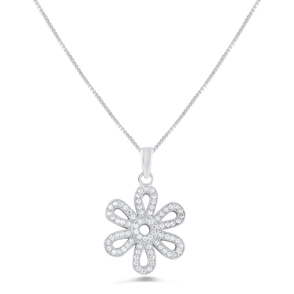 Sterling Silver Cz Daisy Flower Necklace 18"