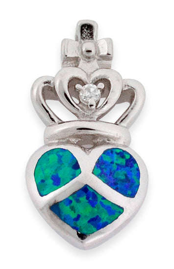 Sterling Silver CZ Created Blue Opal Crowned Heart necklace 18"