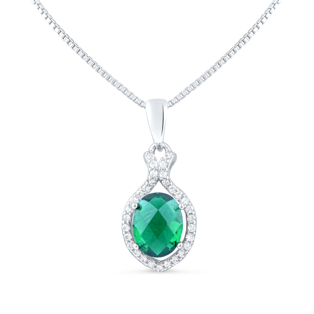 Sterling Silver Green CZ Oval Drop Necklace