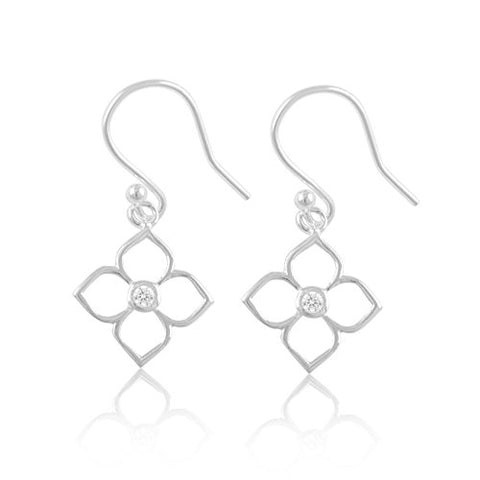 Sterling Silver Womens Dainty Cz Flower BoHo Drop Earrings