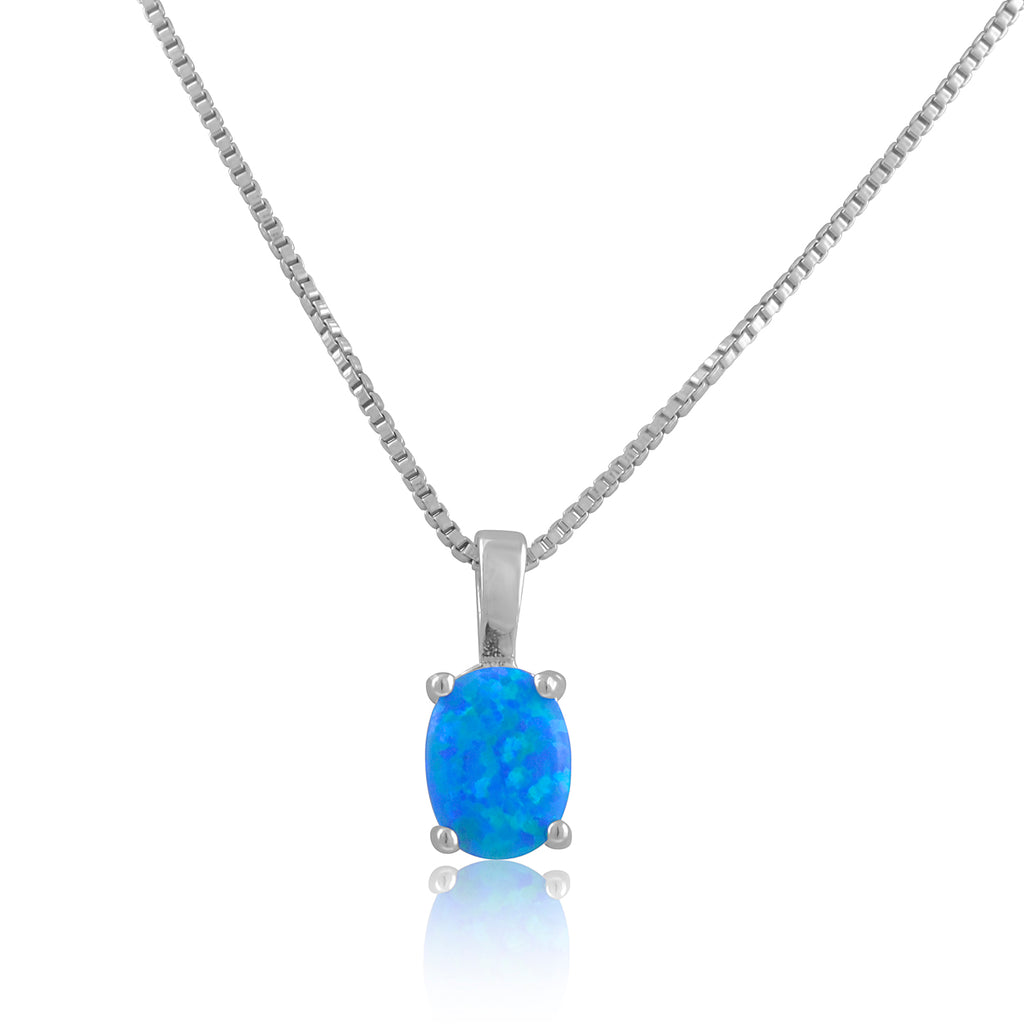 Sterling Silver Oval Created Blue Opal Necklace 18"