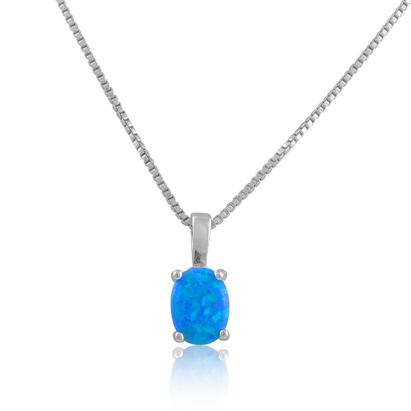 Sterling Silver Oval Created Blue Opal Necklace 18"