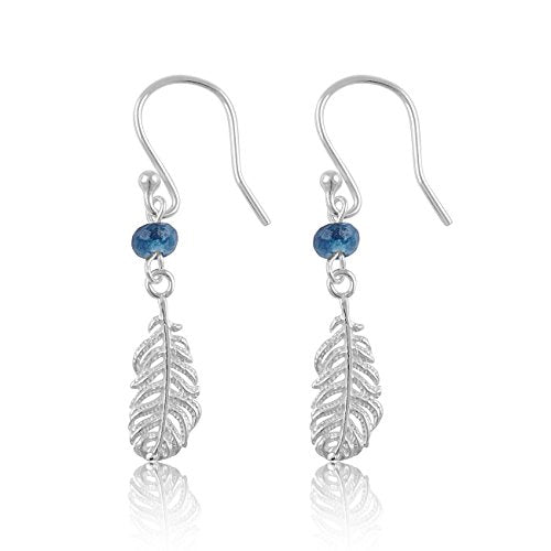 Sterling Silver Girls Dainty Blue Bead Native American Inspired Feather Drop Earrings