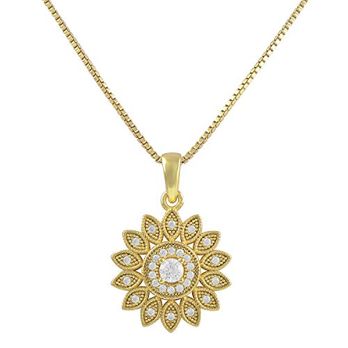 Yellow Gold Tone Sterling Silver Cz Sunflower Charm Necklace 18"