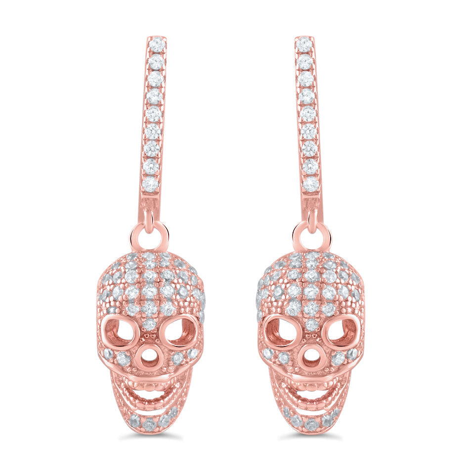 Rose Gold Over Silver Cz Womens French Clip Dangle Sugar Skull Earrings - 23mm