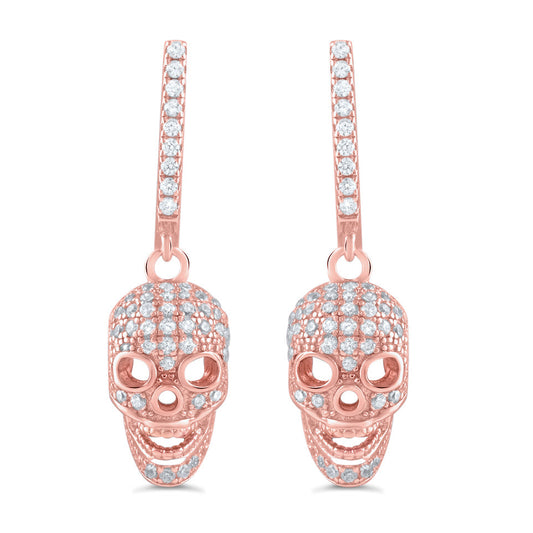 Rose Gold Over Silver Cz Womens French Clip Dangle Sugar Skull Earrings - 23mm