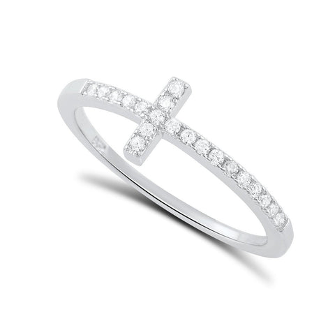 Sterling Silver Cz Thin Stackable Sideways Cross Ring - SilverCloseOut - 1