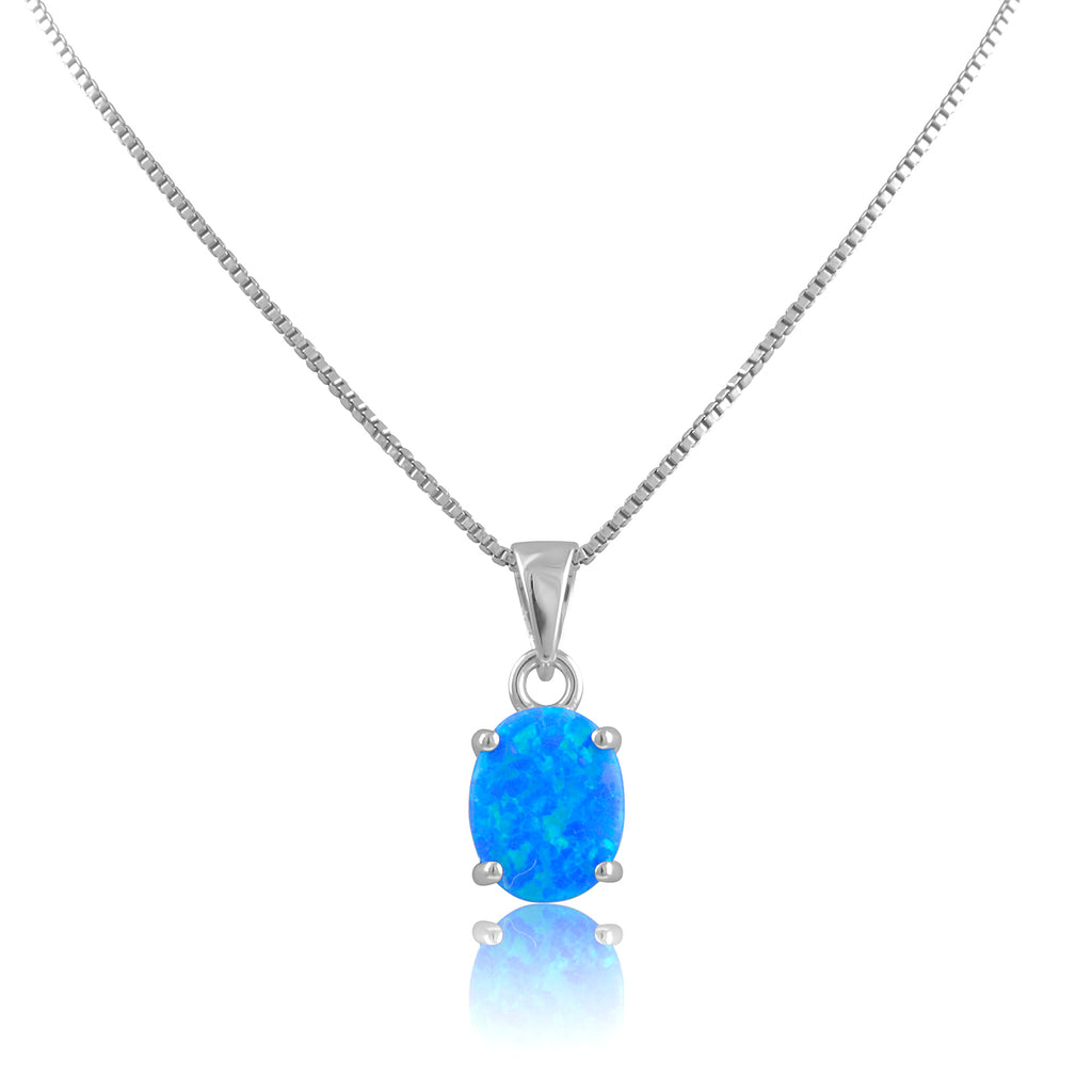 Sterling Silver Small Oval Created Blue Opal Necklace 18"