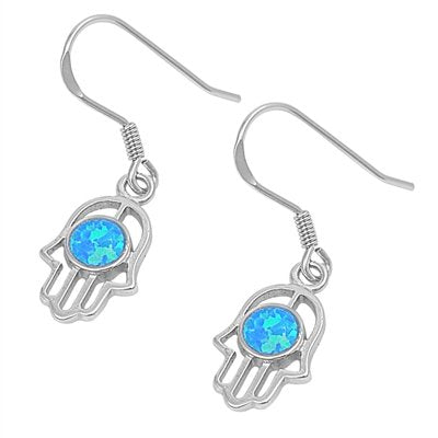 Sterling Silver Blue Created Opal Hamsa Hand of God Fish hook Earrings - 18mm