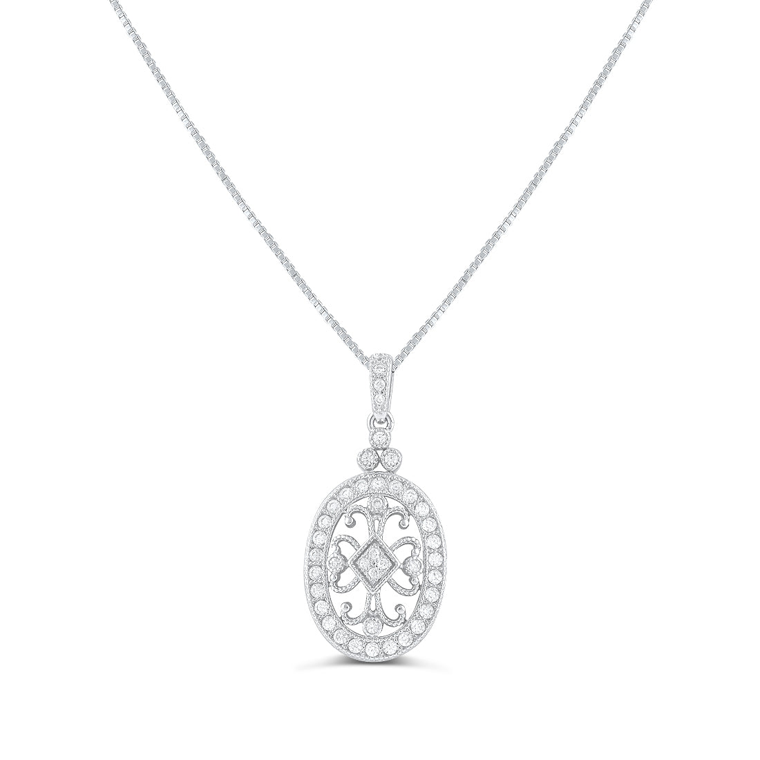 Sterling Silver Cz Filigree Victorian Oval Charm Necklace 18"