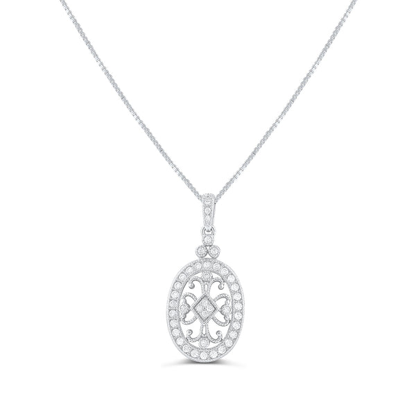 Sterling Silver Cz Filigree Victorian Oval Charm Necklace 18"