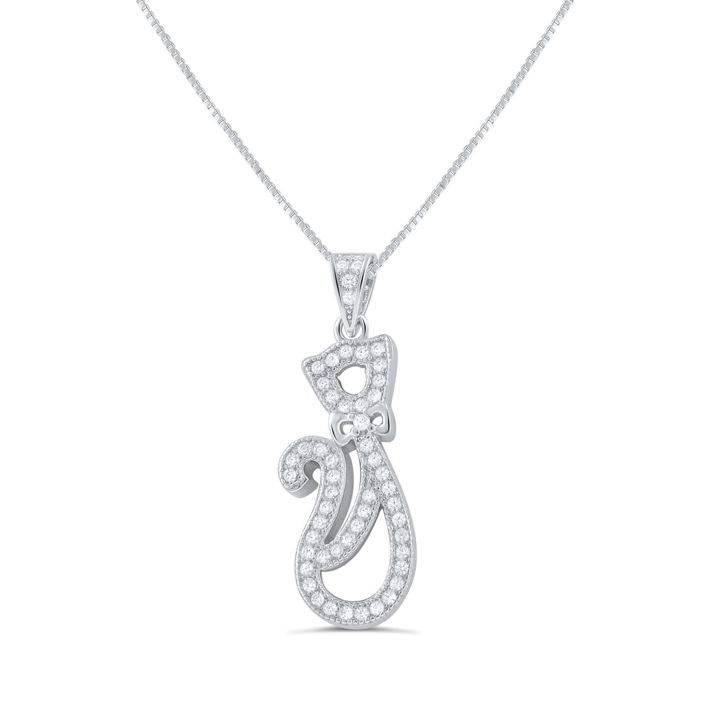 Sterling Silver Cz Cat Silhouette Necklace 18"
