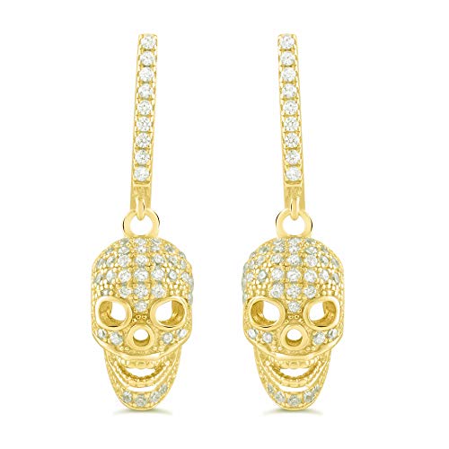 Yellow Gold Tone Sterling Silver Cz Skull Dangle Earrings - 23mm