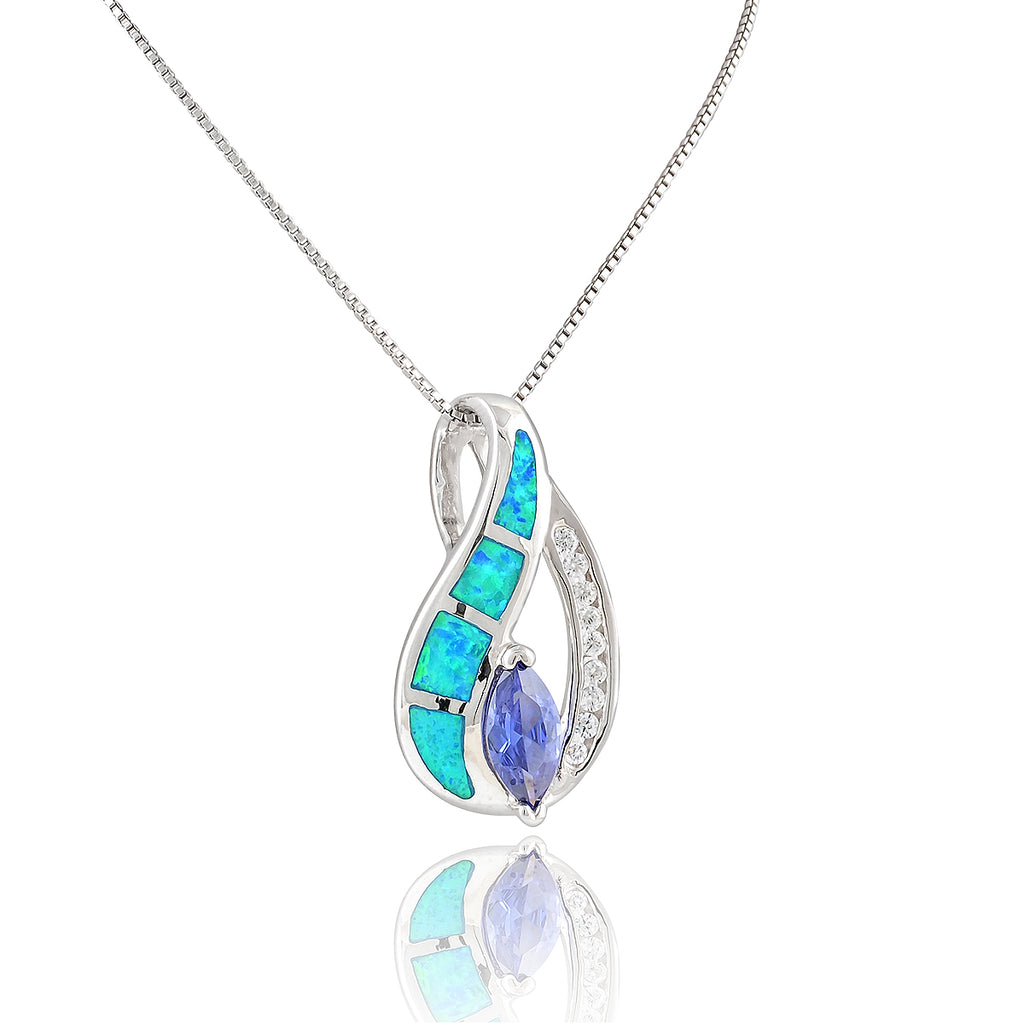 Sterling Silver Created Blue Opal Cz Tear Drop Necklace (18" chain included)