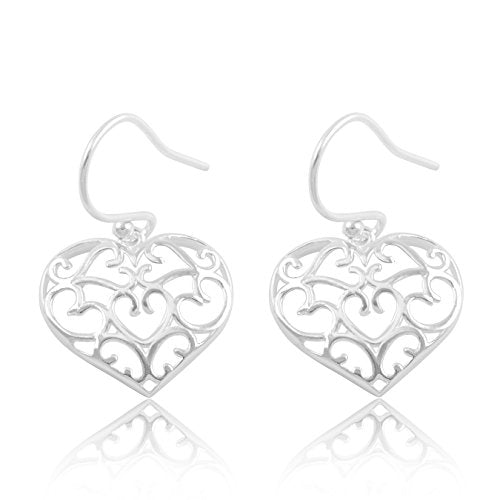 Sterling Silver Ladies Retro Filigree Heart Fish Hook Dangle Earrings