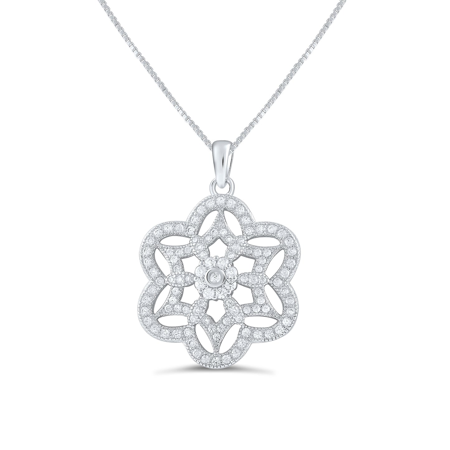 Sterling Silver Cz filigree Flower of Life Necklace 18"