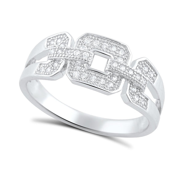 Sterling Silver Simulated Diamond Square Chain Link Ring - SilverCloseOut - 1