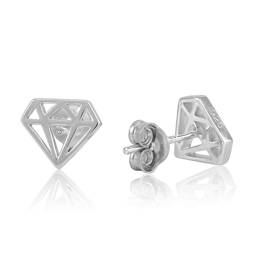 Rhodium Plated Sterling Silver Womens Dainty Diamond Shaped Push Back Stud Earrings - 7mm